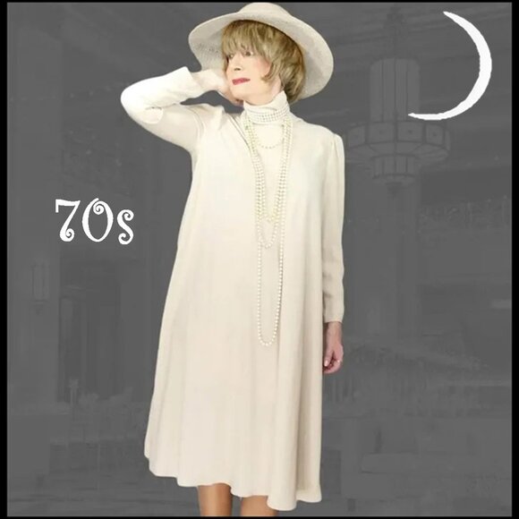 Loose Dress Long Sleeve Dressy Tent Swing Shift, Mother Bride/ Groom 70s Vintage - Picture 1 of 15